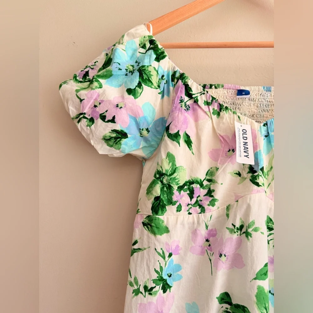 NWT Old‎ Navy Womens Ivory Green Purple Floral Puff Sleeve Mini Dress MEDIUM - Picture 4 of 14